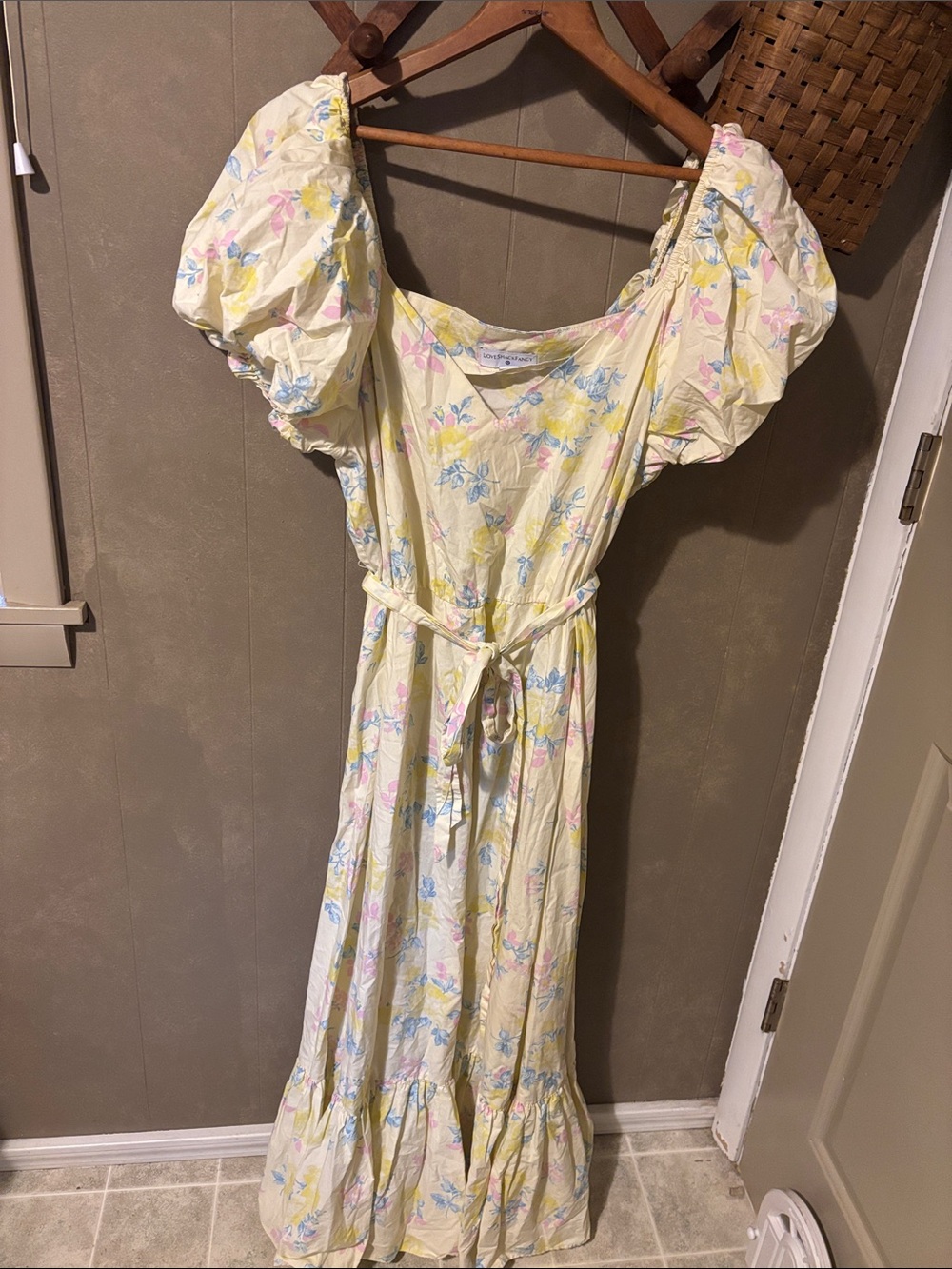 LoveShackFancy Pale Yellow Floral Maxi Dress with Pink & Blue Accents